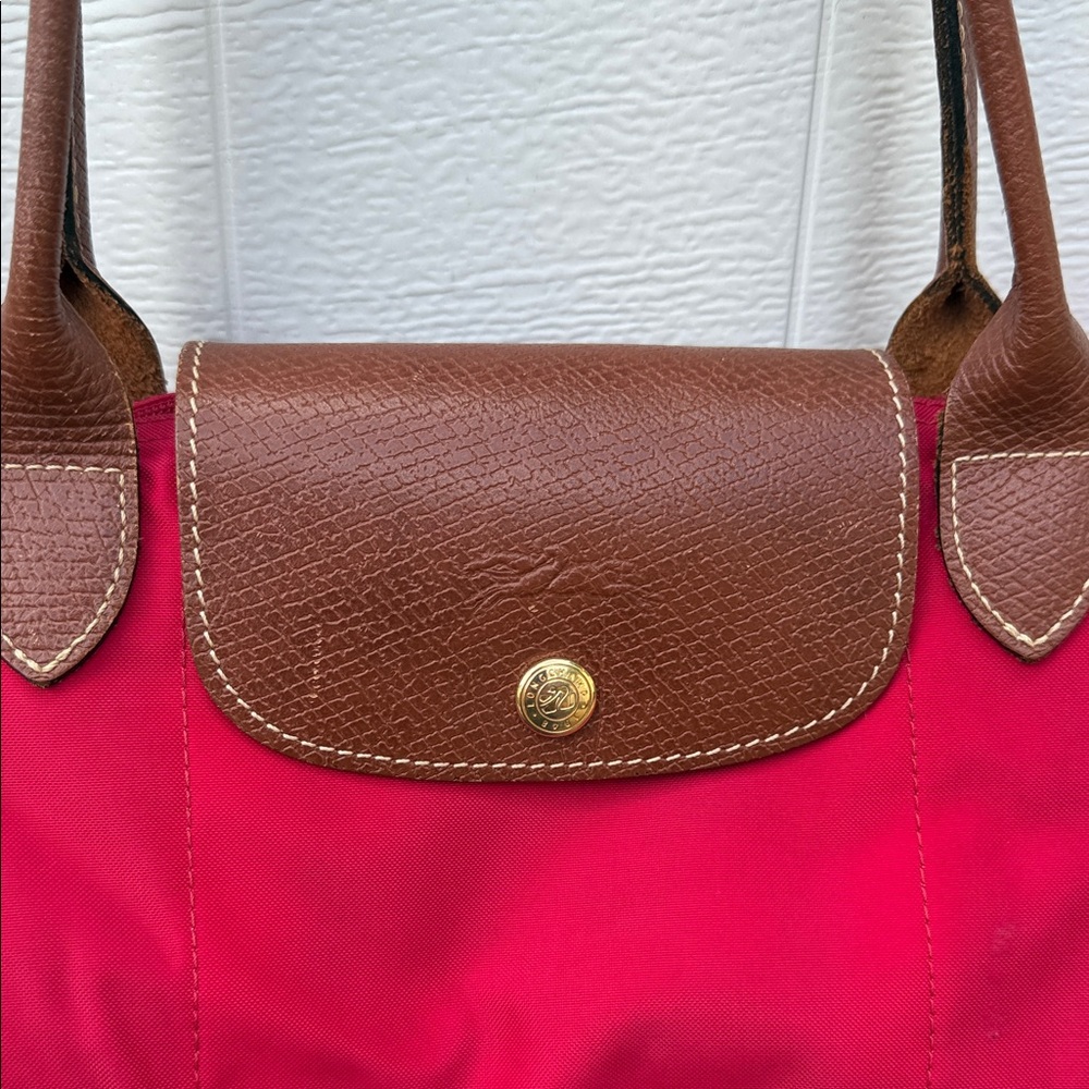 Longchamp Rose Pink Nylon Le Pliage Tote with Brown Leather Trim - Picture 3 of 10